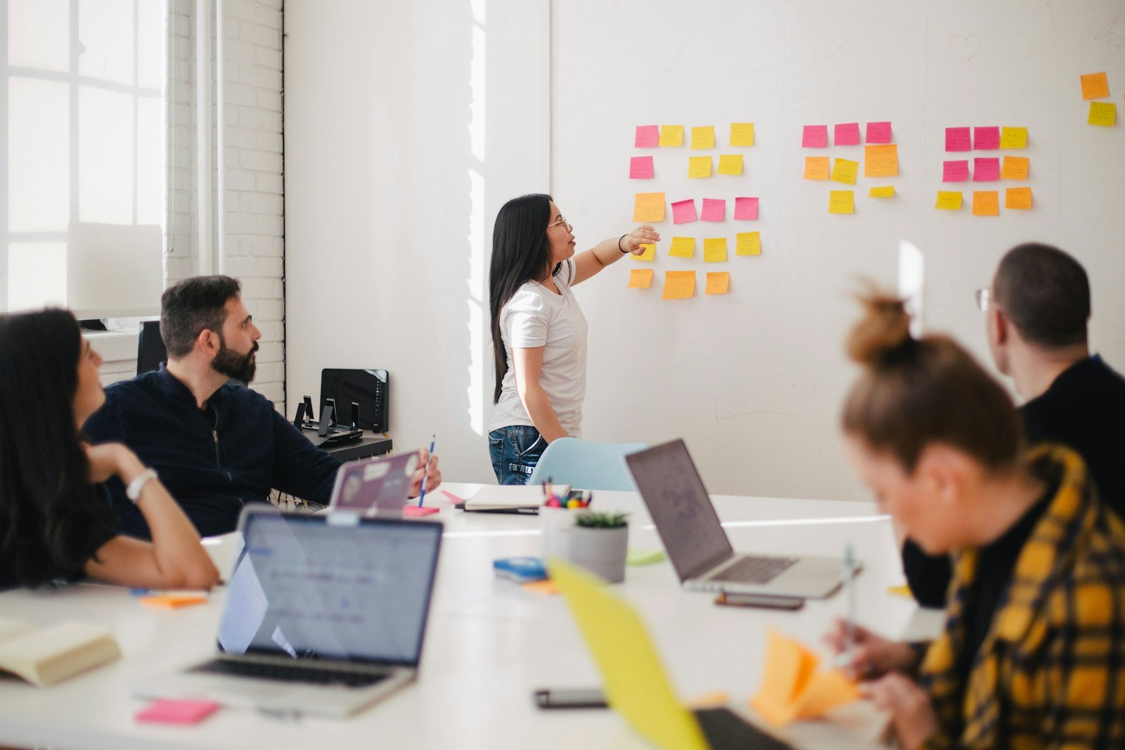 A team planning with sticky notes on a whiteboard