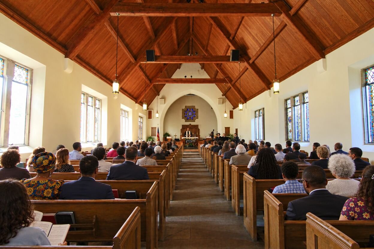 A congregation seated in pews during a service in a church with a timber roof