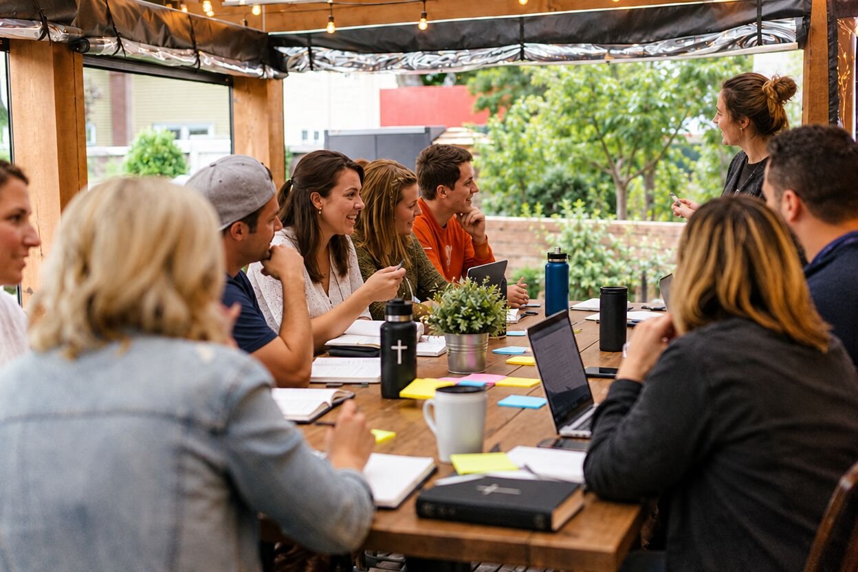 A church team meeting around a long outdoor table with Bibles, laptops and sticky notes