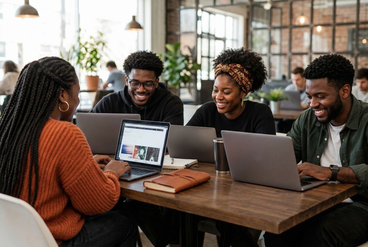 Four friends smiling and working on laptops together at a café table