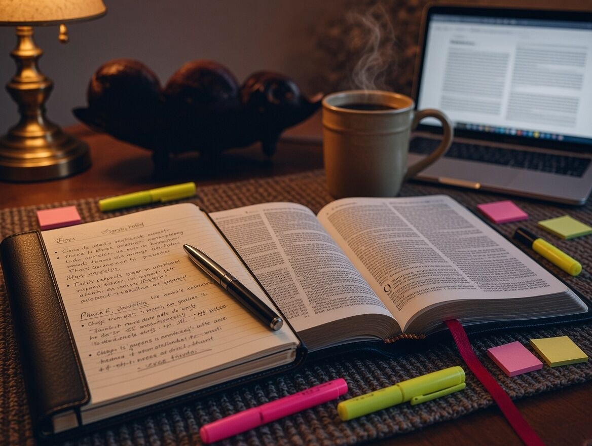 A Bible and handwritten sermon notes on a desk with highlighters, sticky notes and a cup of tea