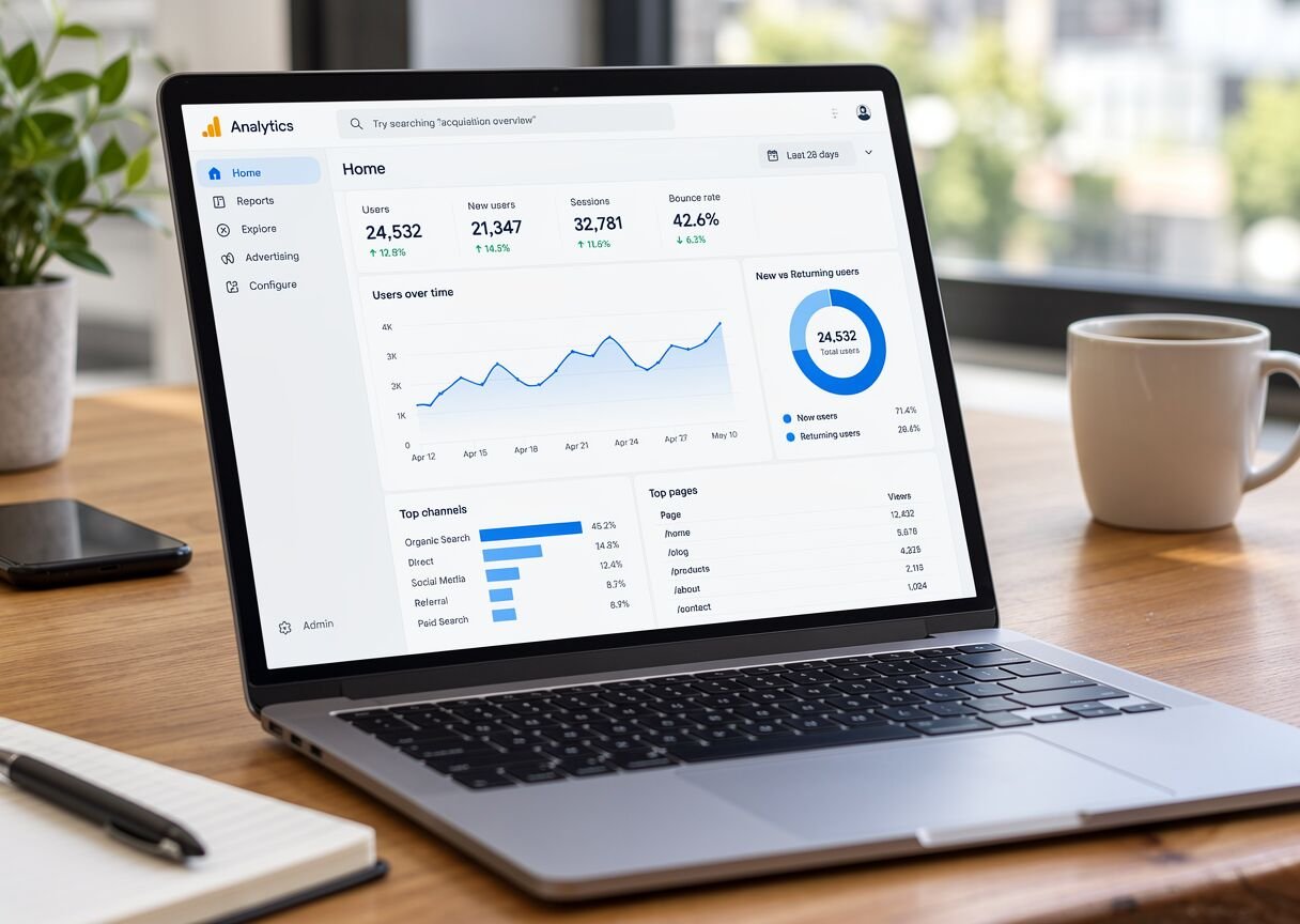 A laptop on a desk showing a website analytics dashboard with visitor charts