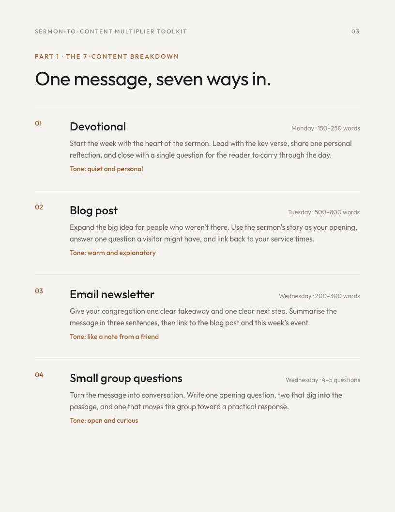 Page from the Sermon-to-Content Multiplier Toolkit PDF showing the seven-content breakdown