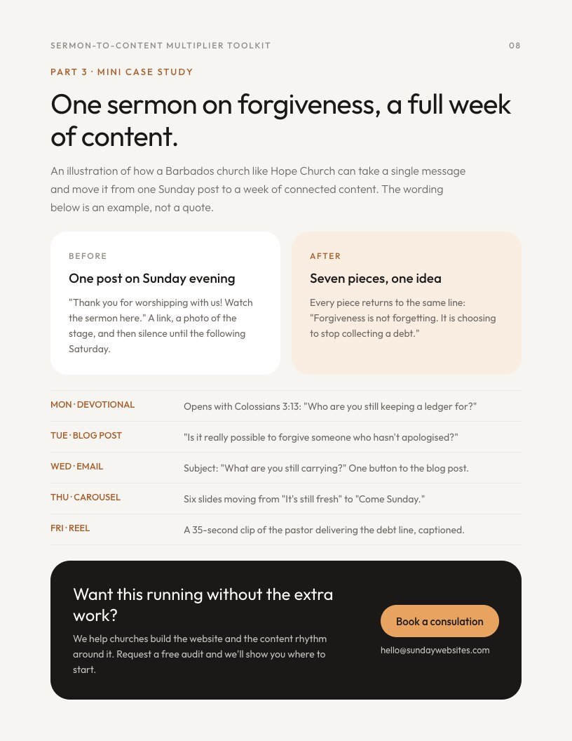 Page from the Sermon-to-Content Multiplier Toolkit PDF showing the mini case study